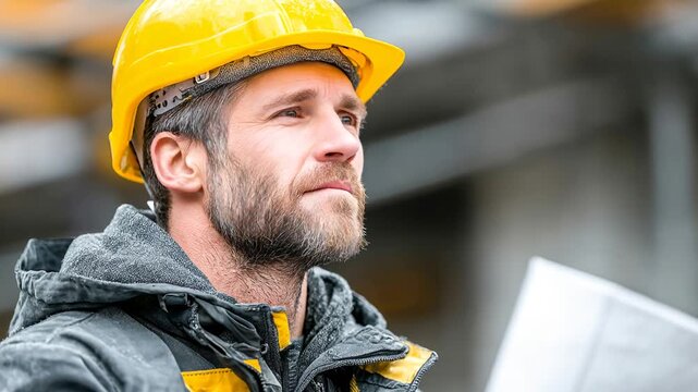Construction worker looks over plans at job site during daytime Generative AI