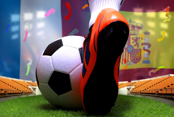 Close up legs and feet of soccer player or football player walk on green grass ready to play match on national France and national Span. © Narin Sapaisarn