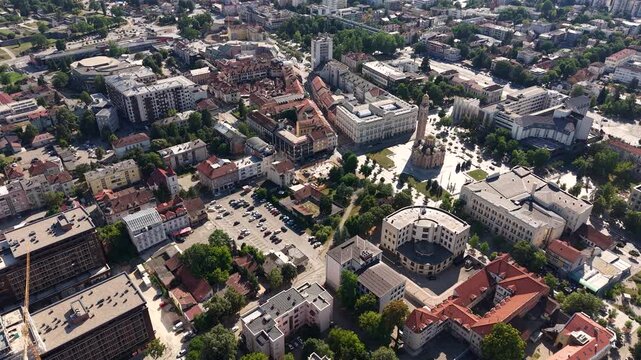 Drone Shot of Downtown Banja Luka, Republika Srpska, Bosnia and Herzegovina on Hot Summer Day