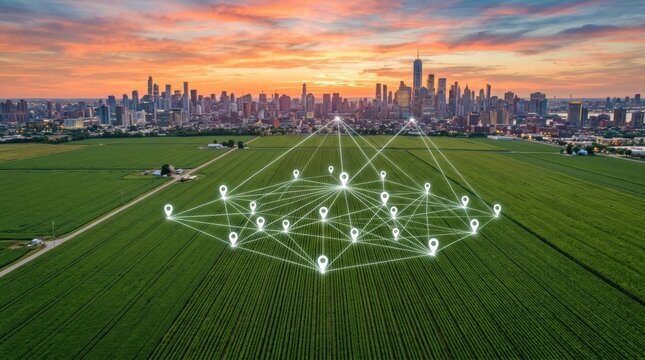 Aerial view vast agricultural field multiple Green Land Parcel with Location Markers, Representing Real Estate