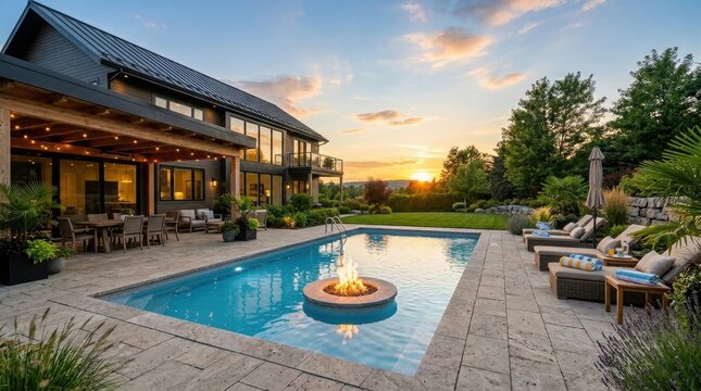 Beautiful backyard modern house swimming pool New home with custom fire pit