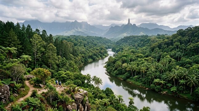 Beautiful landscape lush green forest river Sao Tome and Principe - Aerial View of Pico Cao