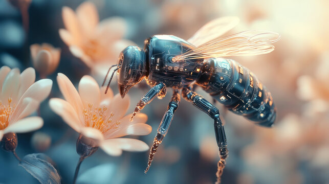Macro close-up of a futuristic mechanical bee with a technological feel