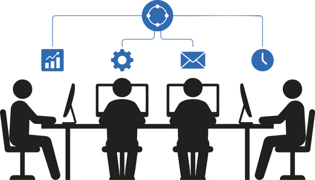 Business team, office workers, computer icons, workflow management