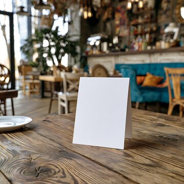 Blank white table tent card mockup on a rustic wooden table in a cozy cafe interior