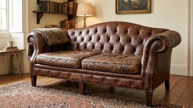 Brown leather sofa has classic A solitary old couch on white background
