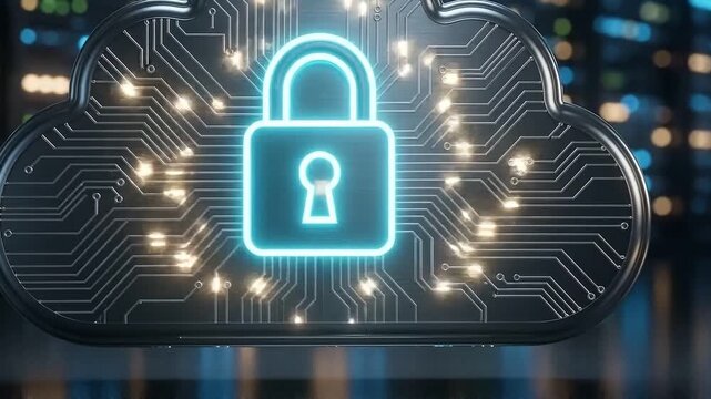 Cloud security concept featuring glowing lock and circuit lines symbolizing advanced data protection and cybersecurity in digital network technology environment with secure cloud protection