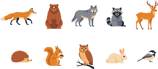 Woodland Forest Animal Vector Icon Set Featuring Fox Bear Wolf Raccoon Deer Hedgehog Squirrel Owl Rabbit and Chickadee Bird Nature Illustrations © Rownok