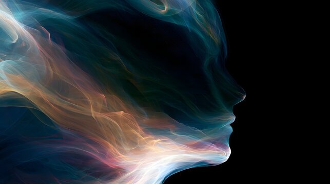 Abstract Silhouette of Human Profile Made of Colorful Light Smoke Trails and Predictive Algorithm Waves on Black Background