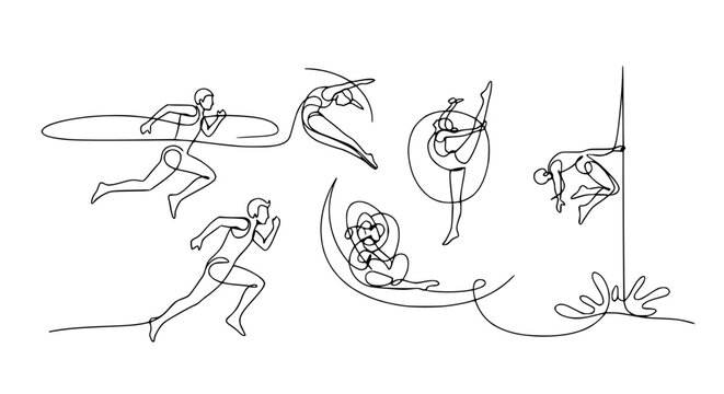 Continuous Line Art of Diverse Sports and Dance Poses