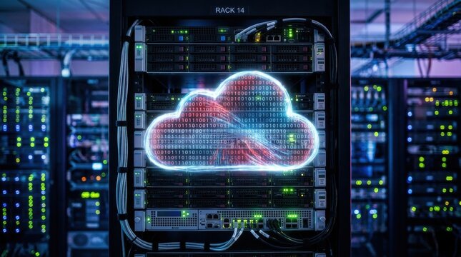 Close-up server rack multiple rows servers A futuristic digital cloud computing concept overlaid on glowing