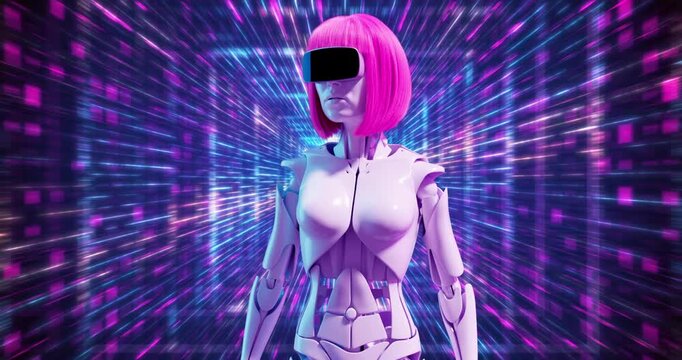 A futuristic female robot with pink hair and a visor stands in a glowing neon tunnel of streaking digital light.