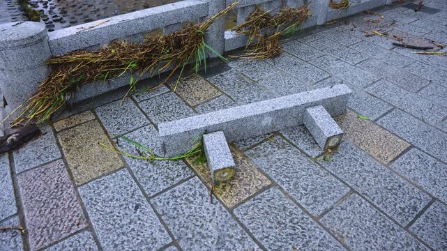 Stone Wall Ripped From Bridge after Typhoon in Kyoto Japan