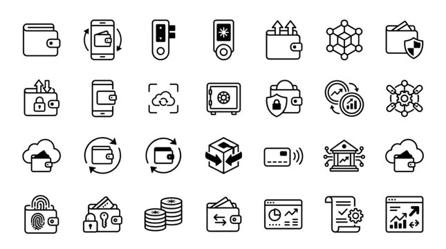Cryptocurrency Wallet and Digital Payment Vector Icon Set Featuring Blockchain Security Online Transactions and Electronic Money Management Symbols