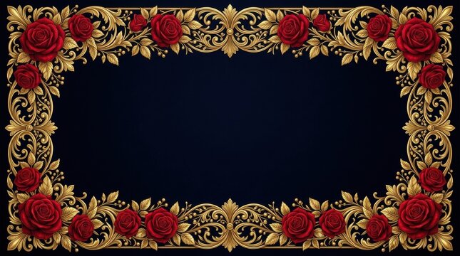 Dark blue background gold border center Luxurious burgundy rose and frame