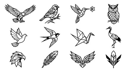 Fototapeta premium Geometric Bird and Feather Vector Icon Set Featuring Black and White Polygonal Wildlife Illustrations and Low Poly Design Elements