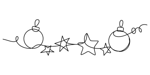 Continuous single line drawing of christmas baubles and stars decoration for festive holiday season greeting cards © Purnima