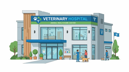 Fototapeta premium Friendly veterinary hospital building with blue white exterior in a cheerful cartoon style, welcoming pet care facility