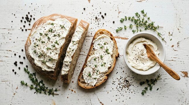 Flat lay loaf bread small bowl Top view of cream cheese on white