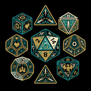Stylized fantasy polyhedral dice set for tabletop gaming