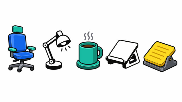 Office essentials: chair, lamp, coffee mug, document holder, stapler icon set