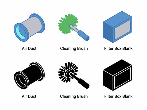 Air duct and cleaning brush icons with blank filter box in color and black outline