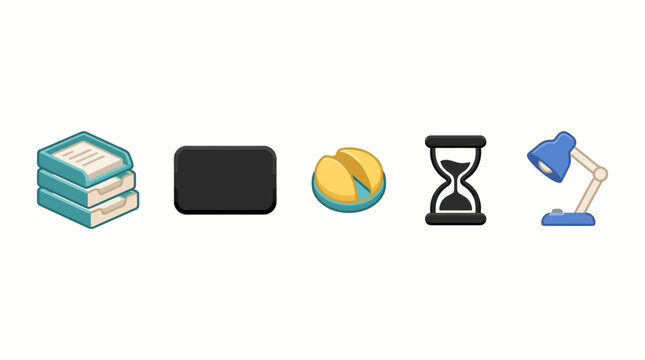 Colorful icons of books, eraser, pill, hourglass, and lamp in a row