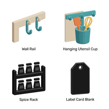 Minimalist kitchen wall accessories: rail, utensil cup, spice rack, label card