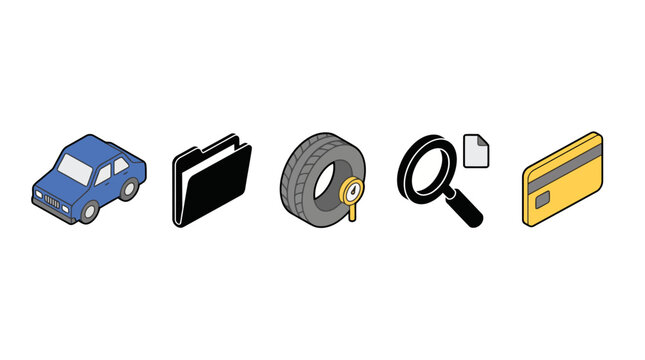Set of isometric icons: car, folder, tire, magnifying glass, credit card