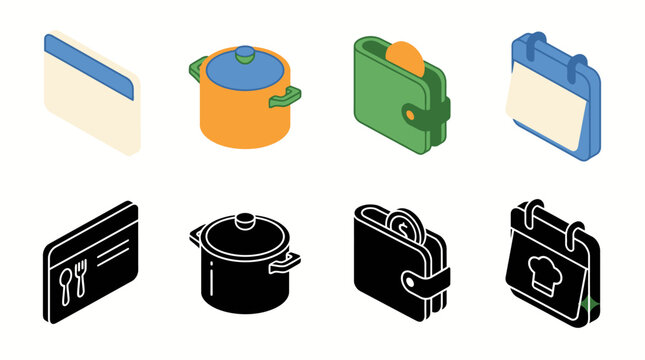 Isometric and silhouette kitchen icons: cookbook, pot, wallet, calendar