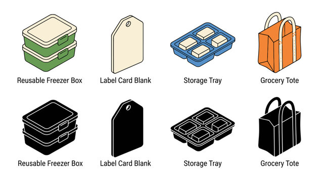 Reusable containers and accessories: freezer box, label card, storage tray, grocery tote