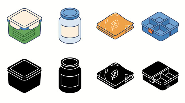 Collection of colorful and silhouette kitchen containers and cloths