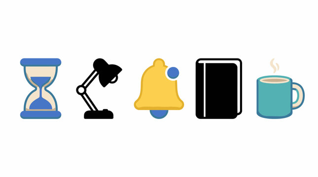 Colorful icons of hourglass, lamp, bell, notebook, and coffee mug on white background
