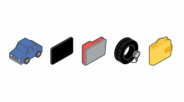 Car, smartphone, laptop, tire, wallet icon set on white background