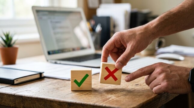 Hand placing red cross wooden block Person making a decision between wrong and right using