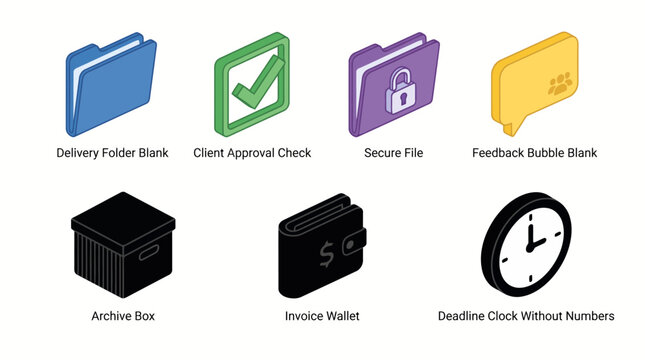 Icons of delivery folder, client approval check, secure file, feedback bubble, archive box, invoice wallet, deadline clock