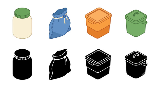 Colorful and silhouette food containers: jars, bags, and boxes