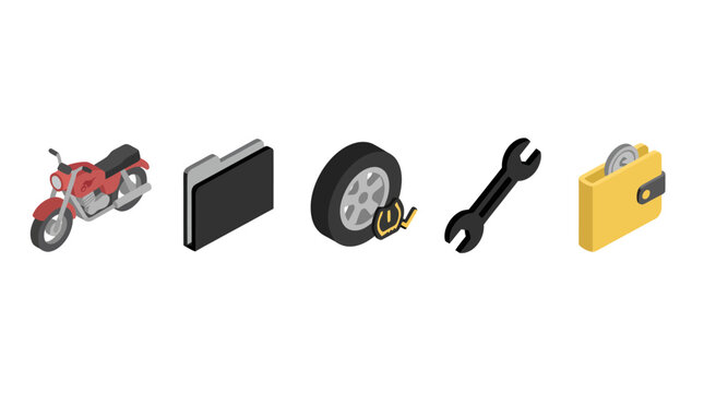 Isometric motorcycle icons with toolbox, tire, wrench, folder, and wallet