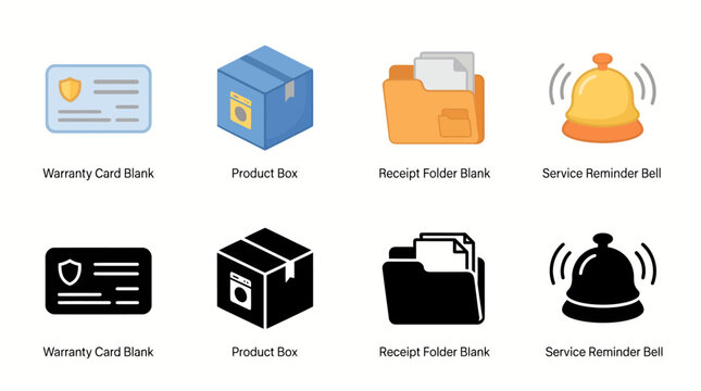 Warranty cards, product boxes, receipt folders, service reminder bells icon set