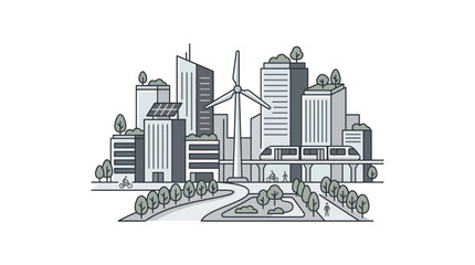 Fototapeta premium Sustainable green city with wind turbines and skyscrapers.