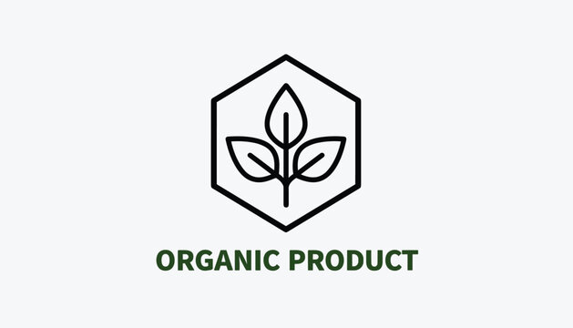 Minimalist green logo design featuring three leaves inside a hexagon frame with the text organic product below it.
