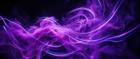 Purple light streaks and glowing fog particles on a dark background
