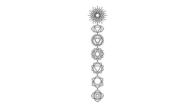 Vertical stack of seven chakra symbols line art.