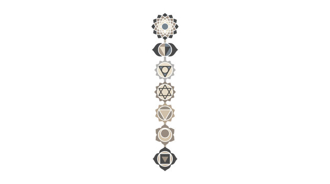 Seven energy chakra symbols arranged in a vertical line.