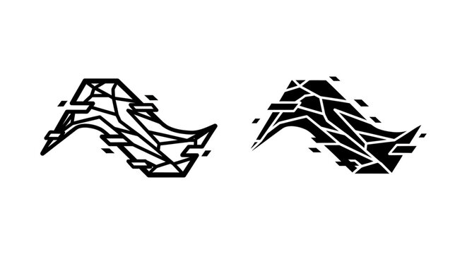 Abstract polygonal wave shape icon in outline and solid black style with polygonal abstract geometric triangle minimalist fragmented structure technology contrast