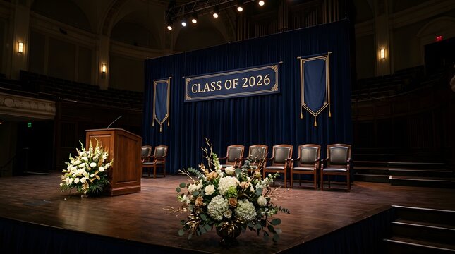 Empty graduation stage with podium and class of 2026 banner in a grand auditorium