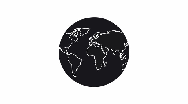 Minimalist world map icon inside a bold black circle, a clean vector globe symbol for geography, travel, and business