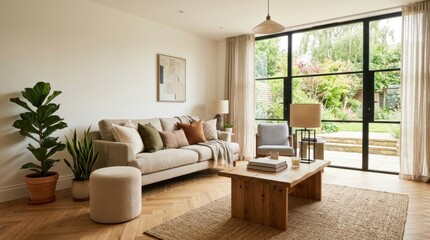 Fototapeta premium Modern living room large window right Relax in a British residence with laminate flooring