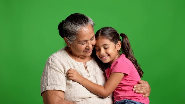 A loving grandmother and young granddaughter share an affectionate embrace, captured against a vibrant green backdrop. This heartwarming scene represents family bonds, intergenerational love, and conn