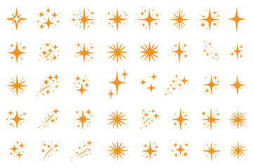 Minimalist black line art vector icon set of various stars and sparkles, elegant designs including simple stars, twinkling stars with dots, burst stars, shooting stars with trails, solid filled stars, © Top